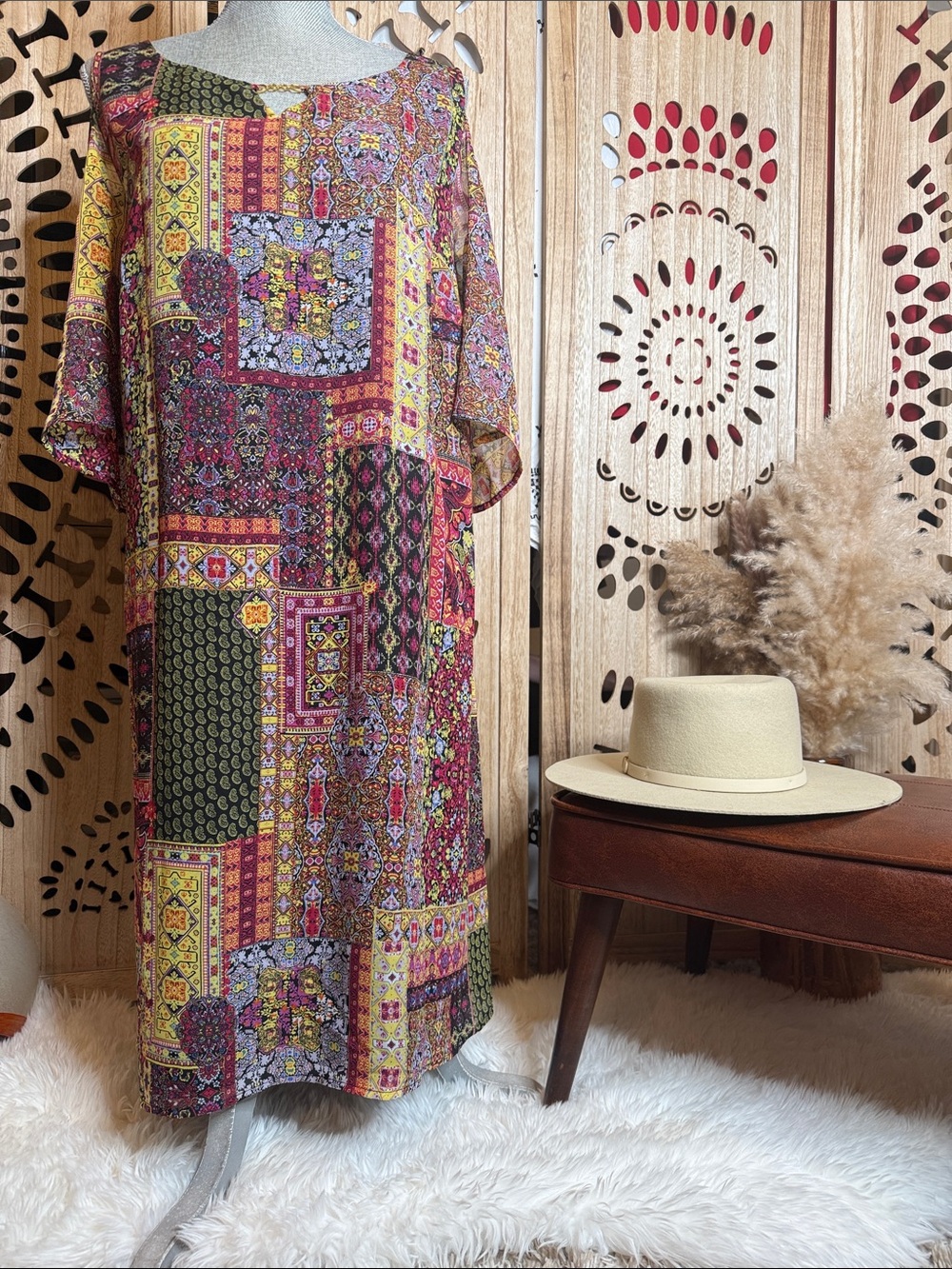 Tacera Patchwork Midi Dress in Yellow, Red & Green